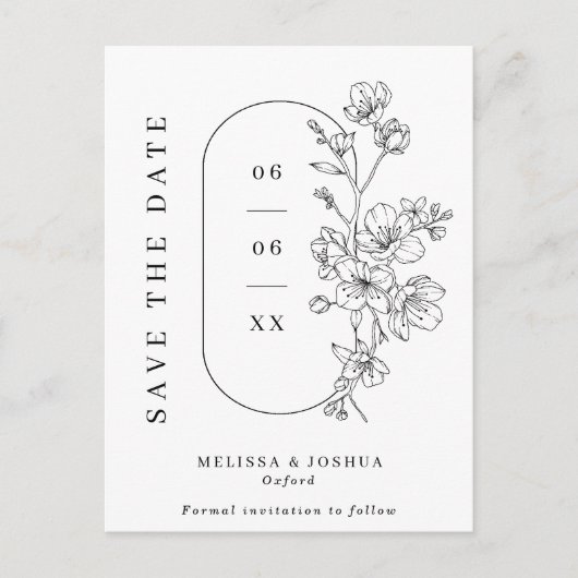 シックなブラック&ホワイトの花々の結婚式が日付を保存 案内ポストカード (正面)