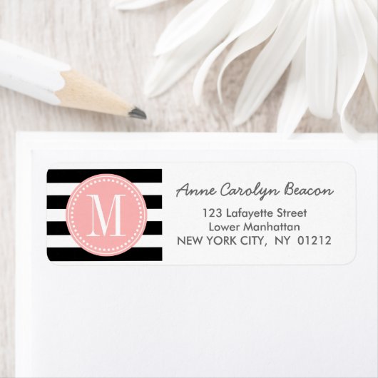 シックなブラック&ホワイトストライプズパーソナライズされたモノグラム ラベル (インサイチュ)