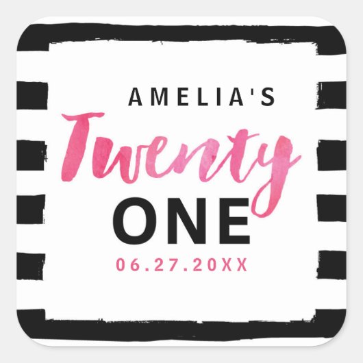 シックなブラック&ホワイトストライプズ21歳の誕生日 スクエアシール (正面)
