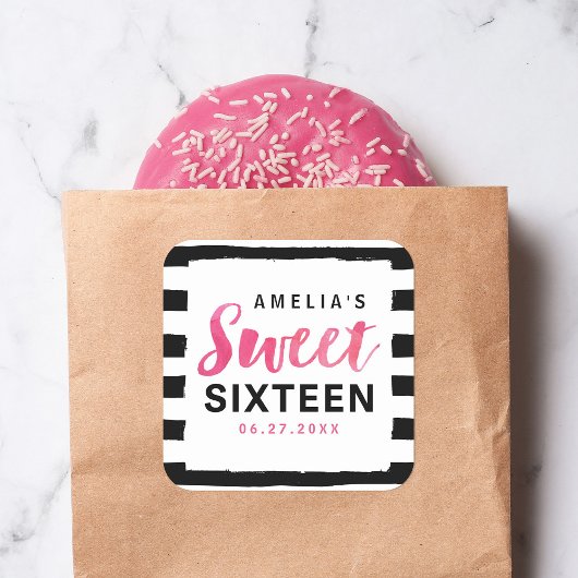 シックなブラック&ホワイトストライプズPink Sweet 16 スクエアシール