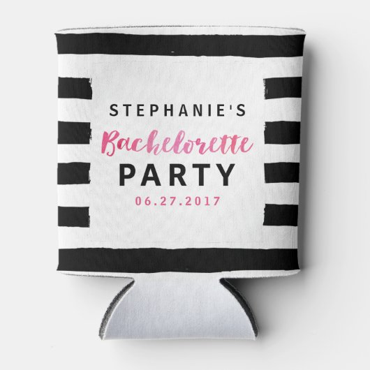 シックなブラック&ホワイトストライプバチェロレッテ 缶クーラー (正面)