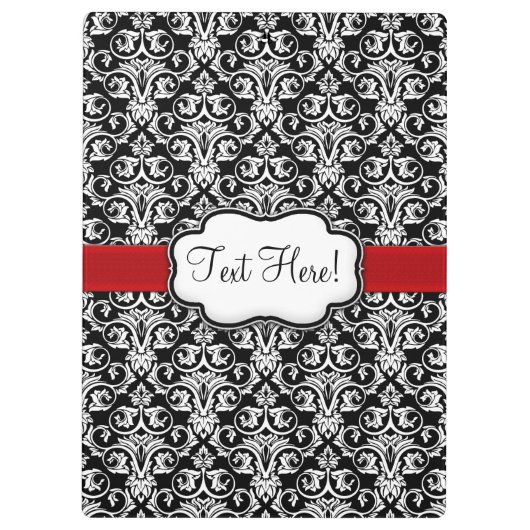 シックなブラック/ホワイトダマスクレッドリボン クリップボード (裏面)