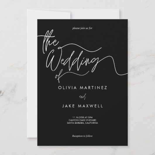 シックなブラック&ホワイトモダンスクリプ結婚ト 招待状 (正面)