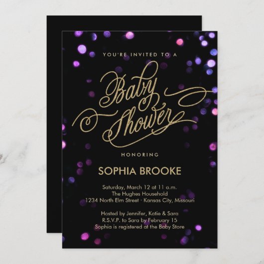 シックなブラック&金ゴールドグリッタースクリプトベビーシャワー 招待状 (正面/裏面)