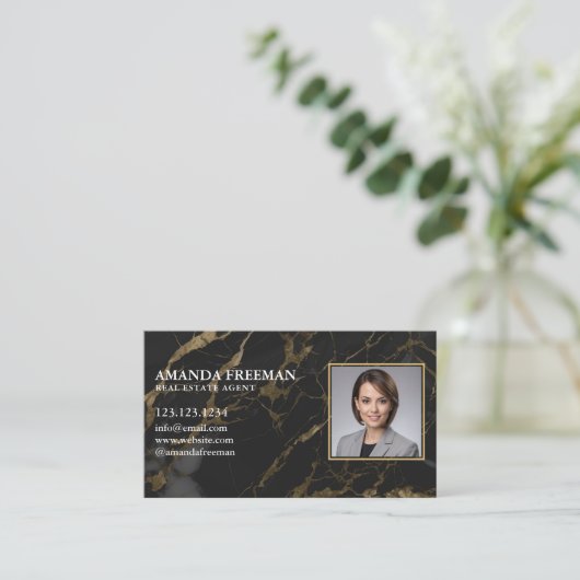 シックなブラック&金ゴールドマーブルフォトエステート実在エスティージェント 名刺 (スタンド正面)