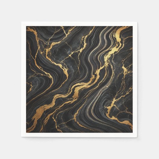 シックなブラック&金ゴールドメタリックマーブルルックグラマー スタンダードカクテルナプキン (正面)