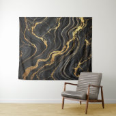 シックなブラック&金ゴールドメタリックマーブルルックグラマー タペストリー (インサイチュ(横))
