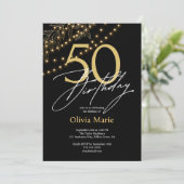 シックなブラック&金ゴールドライト50誕生日 招待状 (スタンド正面)