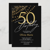 シックなブラック&金ゴールドライト50誕生日 招待状 (正面/裏面)