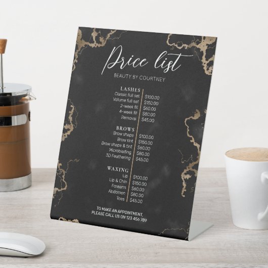 シックなブラック&金ゴールド大理石まぶしサロン価格表 台座サイン (インサイチュ)