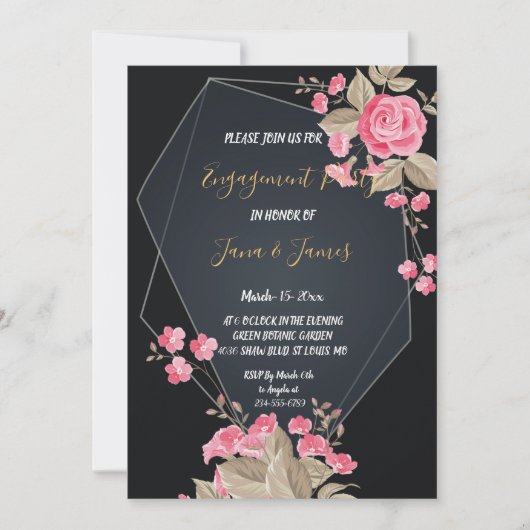 シックなブラック&金ゴールド幾何学模様婚約 招待状 (正面)