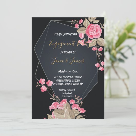 シックなブラック&金ゴールド幾何学模様婚約 招待状 (スタンド正面)