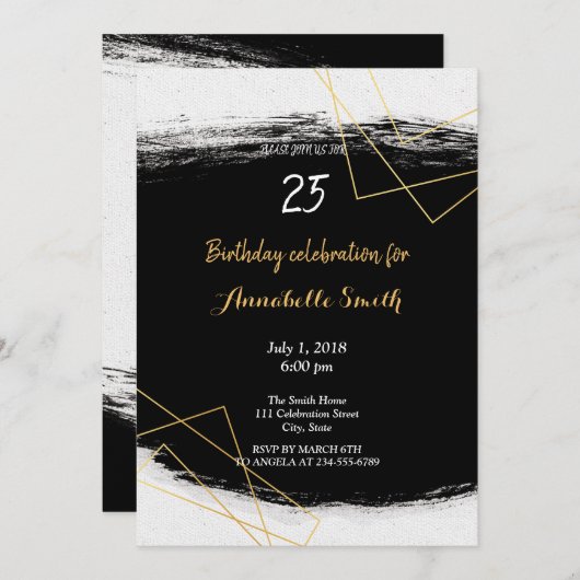 シックなブラック&金ゴールド幾何学模様誕生日 招待状 (正面/裏面)