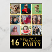 シックなブラック&金ゴールド10フォトバースデーパーティー 箔招待状 (正面)