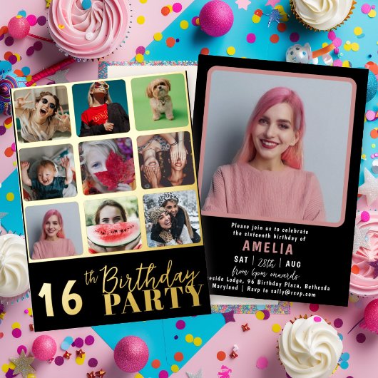 シックなブラック&金ゴールド10フォトバースデーパーティー 箔招待状