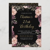 シックなブルガンディピンクフローラブラック誕生日パーティー 招待状 (正面/裏面)