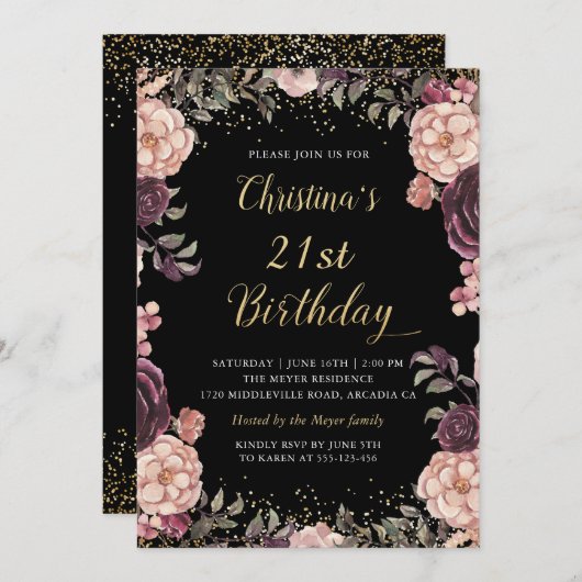 シックなブルガンディピンクフローラブラック誕生日パーティー 招待状 (正面/裏面)