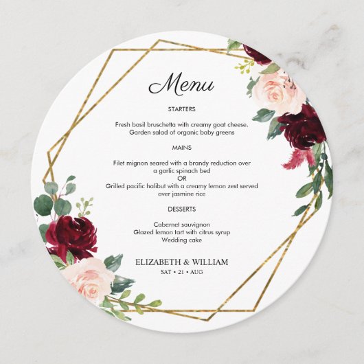 シックなブルガンディマルサラフローララウンドメニュープレート メニュー (正面)