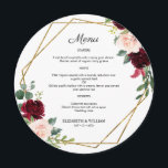 シックなブルガンディマルサラフローララウンドメニュープレート メニュー<br><div class="desc">そしてエレガントモダンデザイン印刷シックBurgundy Marsalaフローラグリッター幾何学的フレーム結婚ラウンドのディナーメニューカードあなたのテキストと一緒に可能なプレートのためのカスタマイズのための。このクリックテンプレートを修正するにはカスタマイズ、「IT」ボタンをクリックし、デザインツールを使用して下さい。このデザインに一致する他の製品については、グラフィックアートデザインストアをご覧ください。</div>