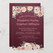 シックなブルガンディレッドウォーターカラーフローラウェディングシャワー 招待状 (正面/裏面)