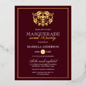 シックなブルガンディレッド&金ゴールドマスカレードスウィート16パーティー 箔招待状ポストカード (正面)
