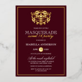 シックなブルガンディレッド&金ゴールドマスカレードスウィート16パーティー 箔招待状 (正面)