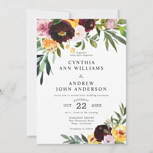 シックなブルガンディーイエローウォーターの色のフローラ結婚ズ 招待状