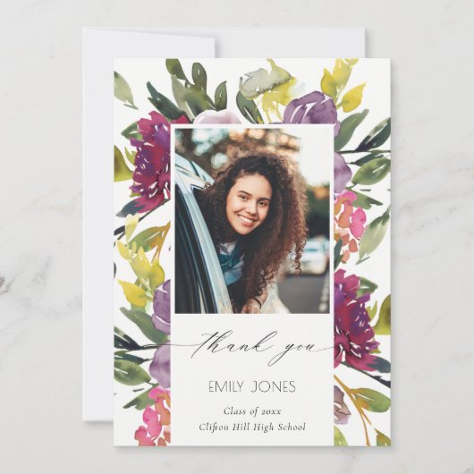 シックなブルガンディーイエローピンクフローラ写真卒業 サンキューカード (正面)