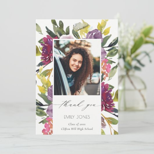 シックなブルガンディーイエローピンクフローラ写真卒業 サンキューカード (スタンド正面)