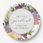 シックなブルガンディーイエローピンクフローラ写真卒業 ペーパープレート (正面)