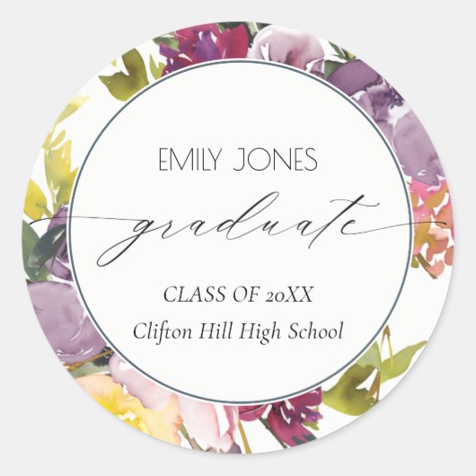 シックなブルガンディーイエローピンクフローラ写真卒業 ラウンドシール (正面)