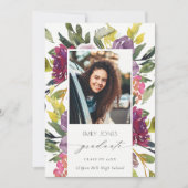 シックなブルガンディーイエローピンクフローラ写真卒業 案内状 (正面)