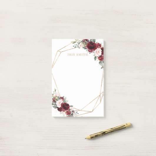 シックなブルガンディーレッド赤面ピンクフローラ金ゴールド幾何学的 ポストイット (デスク上)