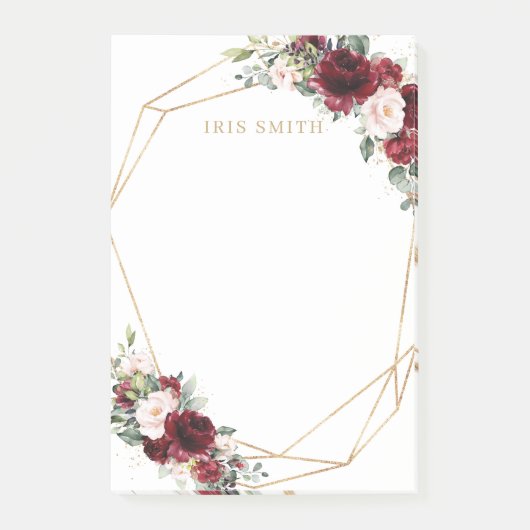 シックなブルガンディーレッド赤面ピンクフローラ金ゴールド幾何学的 ポストイット (正面)