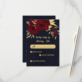 シックなブルゴーニュと金ゴールドネイビー結婚ズ 出欠カード