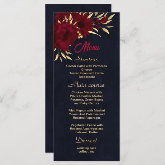 シックなブルゴーニュと金ゴールドネイビー結婚ブルー メニュー (正面/裏面)
