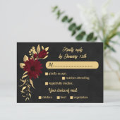 シックなブルゴーニュと金ゴールドブラックの食事の結婚選択 出欠カード (スタンド正面)