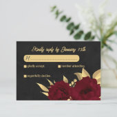 シックなブルゴーニュと金ゴールドブラックボタニッ結婚クス 出欠カード (スタンド正面)