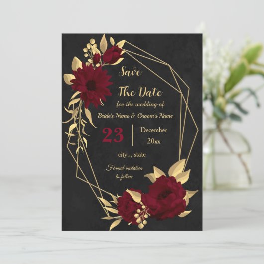 シックなブルゴーニュと金ゴールドブラック幾何学模様 セーブザデート (スタンド正面)