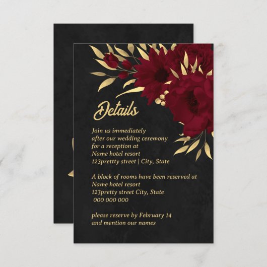 シックなブルゴーニュと金ゴールドブラック結婚ズ エンクロージャーカード (正面/裏面)