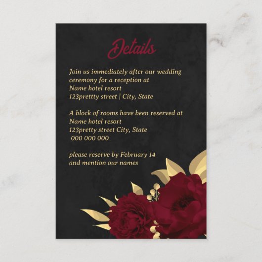 シックなブルゴーニュと金ゴールドブラック結婚ズ エンクロージャーカード (正面)