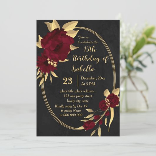 シックなブルゴーニュと金ゴールドブラック誕生日パーティー 招待状 (スタンド正面)