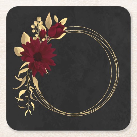 シックなブルゴーニュと金ゴールドブラック スクエアペーパーコースター (正面)