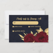 シックなブルゴーニュと金ゴールド海軍のボタニッ結婚クス 出欠カード (正面)