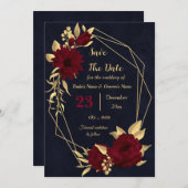 シックなブルゴーニュと金ゴールド海軍の幾何学的 セーブザデート (正面/裏面)