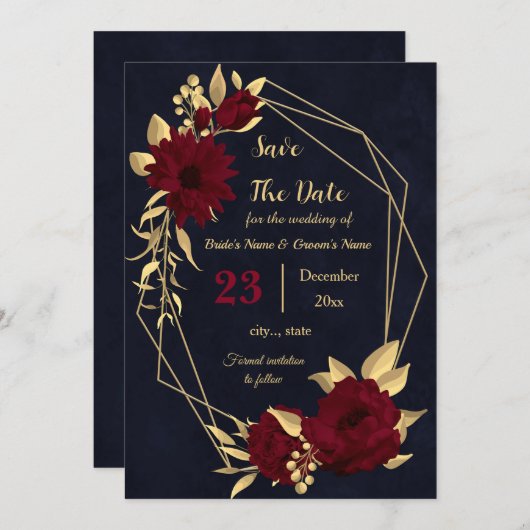 シックなブルゴーニュと金ゴールド海軍の幾何学的 セーブザデート (正面/裏面)