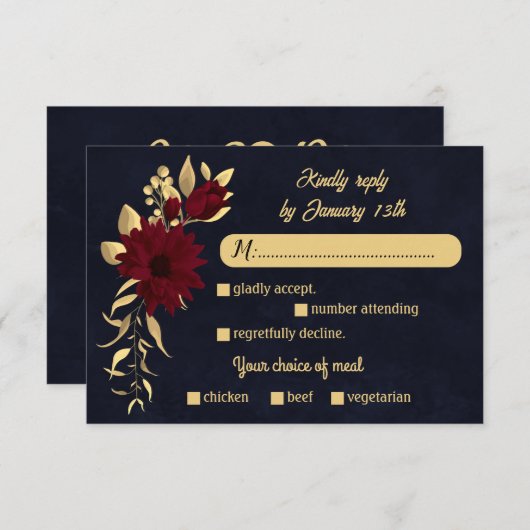 シックなブルゴーニュと金ゴールド海軍の食事の結婚選択 出欠カード (正面/裏面)