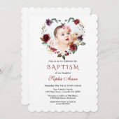 シックなブルゴーニュのピンクの花フローラ写真バプテスマ 招待状 (正面/裏面)