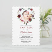 シックなブルゴーニュのピンクの花フローラ写真バプテスマ 招待状 (スタンド正面)