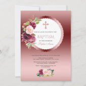 シックなブルゴーニュの花ガール1st誕生日とバプテスマ 招待状 (正面)